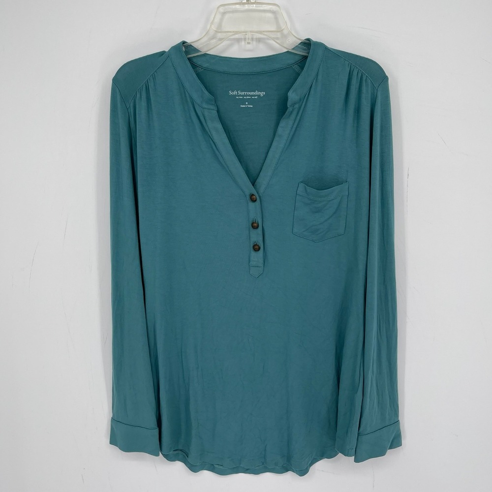 Soft Surroundings Women's Teal Stretch Roll Tab Sleeve Henley Top Shirt Size S